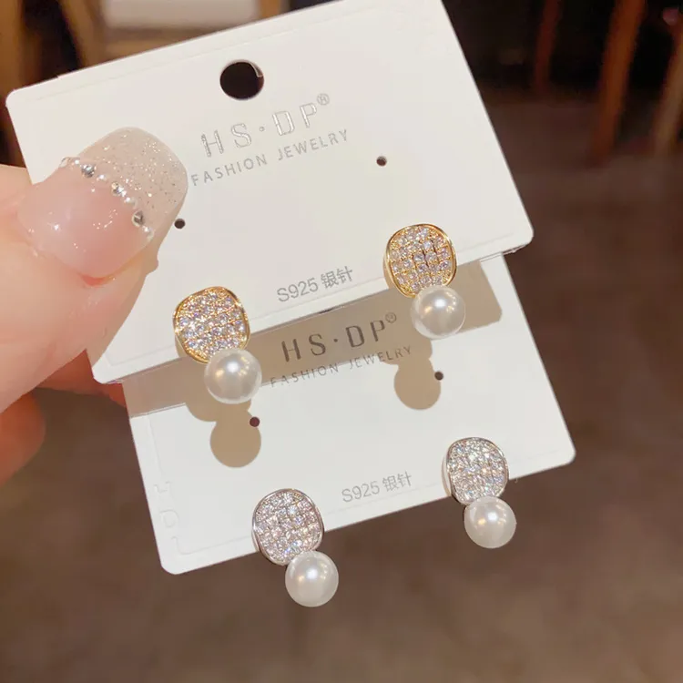 黄铜锆石耳饰 气质简约s925银针几何微镶锆石珍珠耳钉网红时尚百