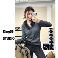 【珊珊推荐】在韩欧尼 冬季韩系氛围感毛毛领简约气质针织打底上衣