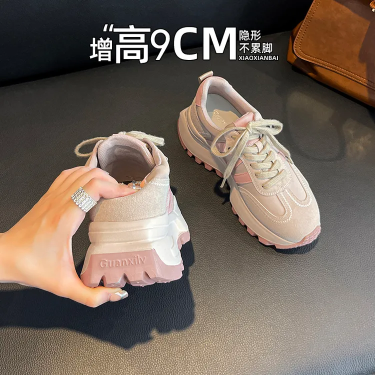 真皮9CM德训鞋2025新款小个子内增高厚底爬山运动鞋百搭阿甘鞋女