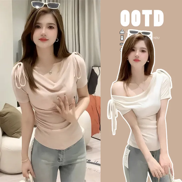 Moses Queen/魔西女王一字肩露肩锁骨绑带时尚修身显瘦百搭上衣女