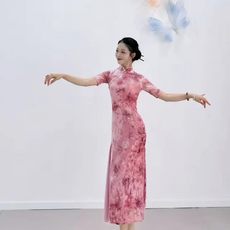 【李冠老师专属】【知音锁】同款古典舞蹈服2025新款扎染植绒双层旗袍