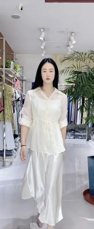 夏款显瘦收腰衬衫吊带缎面优雅连衣裙春夏新款