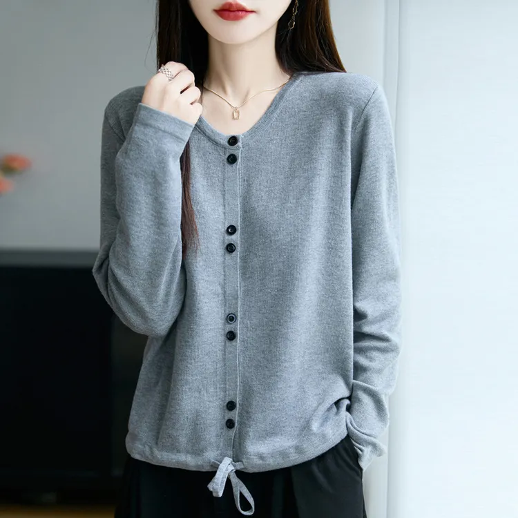 公主风春秋新款圆领针织双扣开衫女宽松长袖毛衣女装外套设计感上