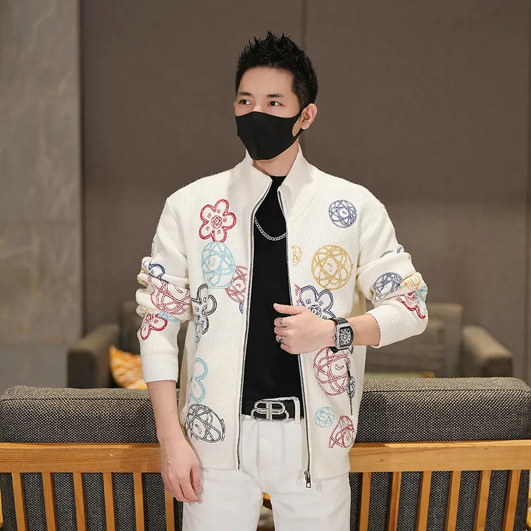 2025秋季新款男士时尚休闲百搭潮流印花图案羊毛开衫立领夹克外套