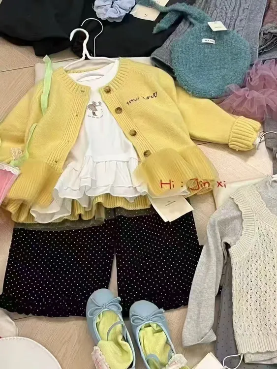 女童毛衣儿童针织衫秋装2025新款黄色洋气时髦开衫女孩宽松上衣潮