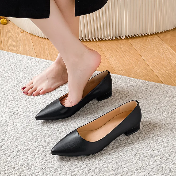 羊皮单鞋女2025新款尖头平底工作鞋女黑色软底舒适上班久站不累脚