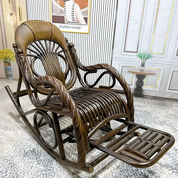 印尼真藤逍遥椅家用阳台豪华老人太师椅午休小憩摇椅藤椅舒适耐用