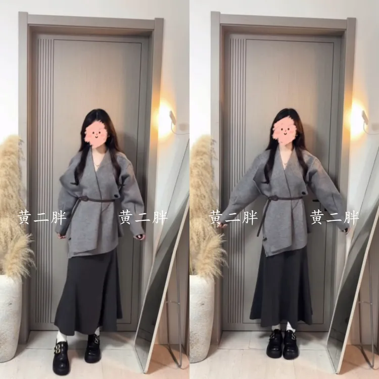 高级感收腰气质针织毛衣外套女秋冬纯色中长款外搭厚开衫+半身裙