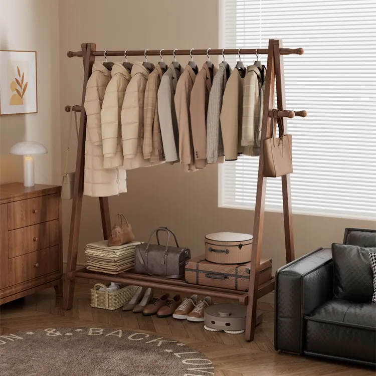 实木衣帽架卧室落地衣架家用折叠挂衣架简易晾衣架衣服架立式榉木