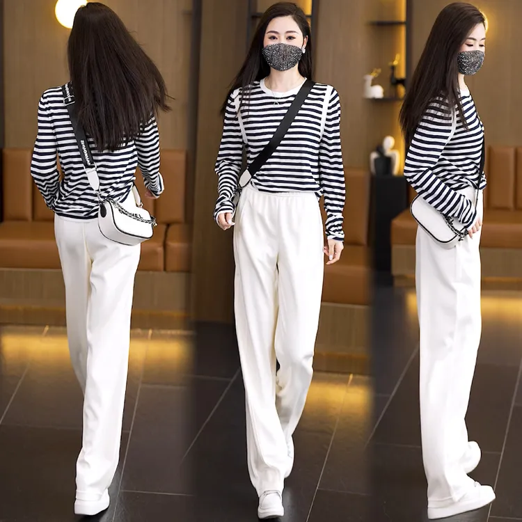 T恤条纹长袖显瘦春季撞色套装时尚休闲百搭秋装圆领春装两件套