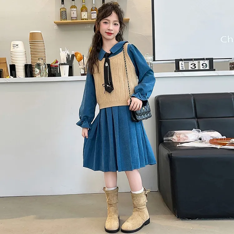 女童连衣裙春装新款中大童韩版学院风衬衫裙马甲两件套女孩洋气潮