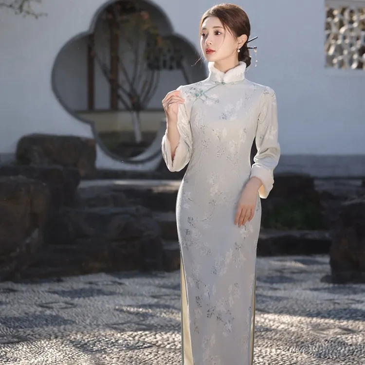 新款复古民国风丝麻加绒倒大袖旗袍2023年冬季新款毛绒领保暖舒