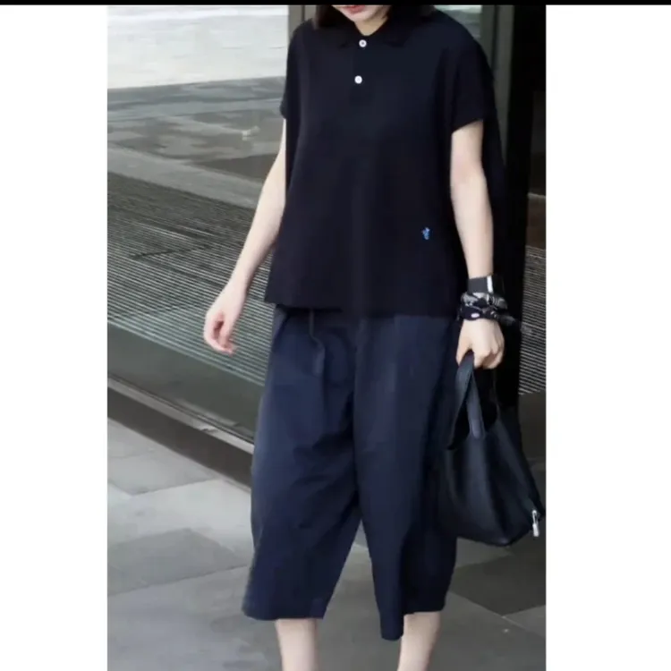 夏季新款时尚百搭休闲简约气质女士上衣阔腿裤套装