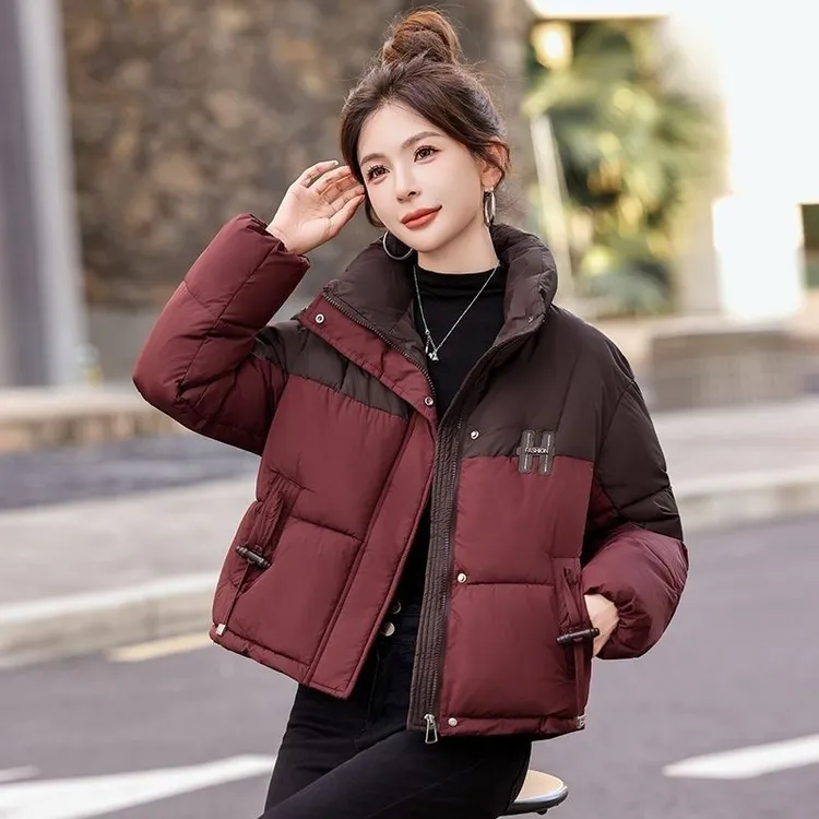 2025冬季新款小个子宽松保暖时尚撞色羽绒棉服女时尚保暖加厚外套