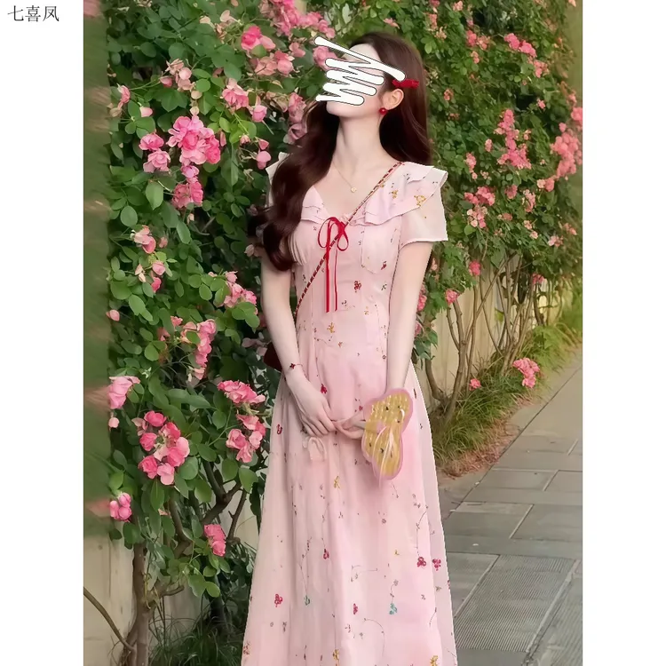 法式碎花显瘦收腰连衣裙夏季甜美气质长裙小清新温柔风韩版中长款