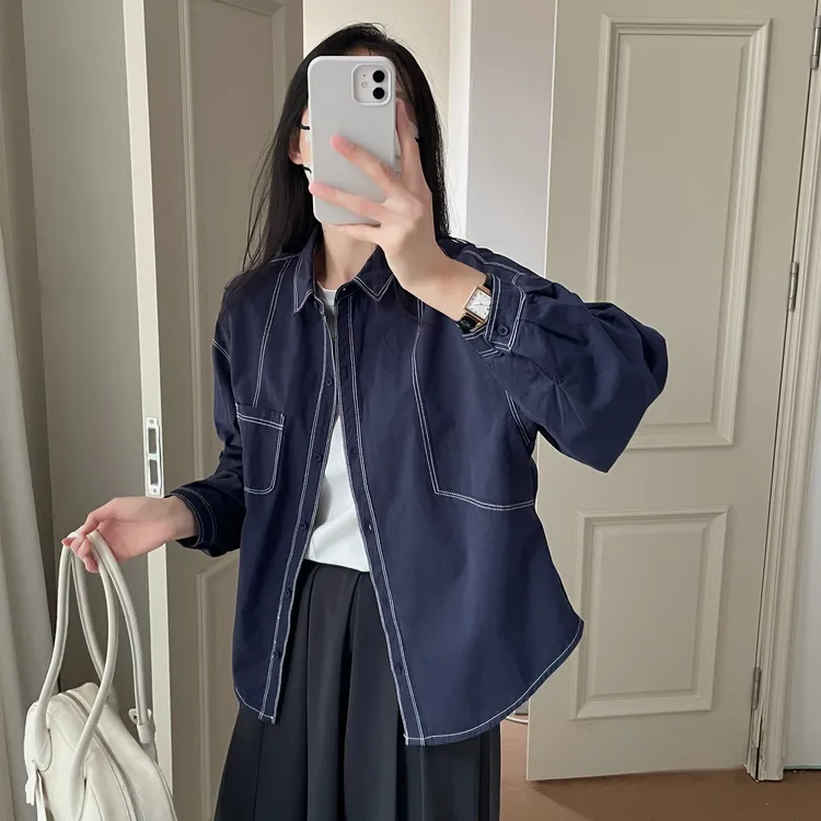 「明线装饰 成衣水洗」100%棉衬衫 春季设计感小众百搭宽松外套S501