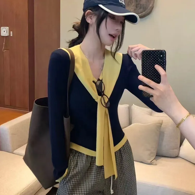 小众打底长袖假两件显瘦毛针织衫针织V领包袖常规款