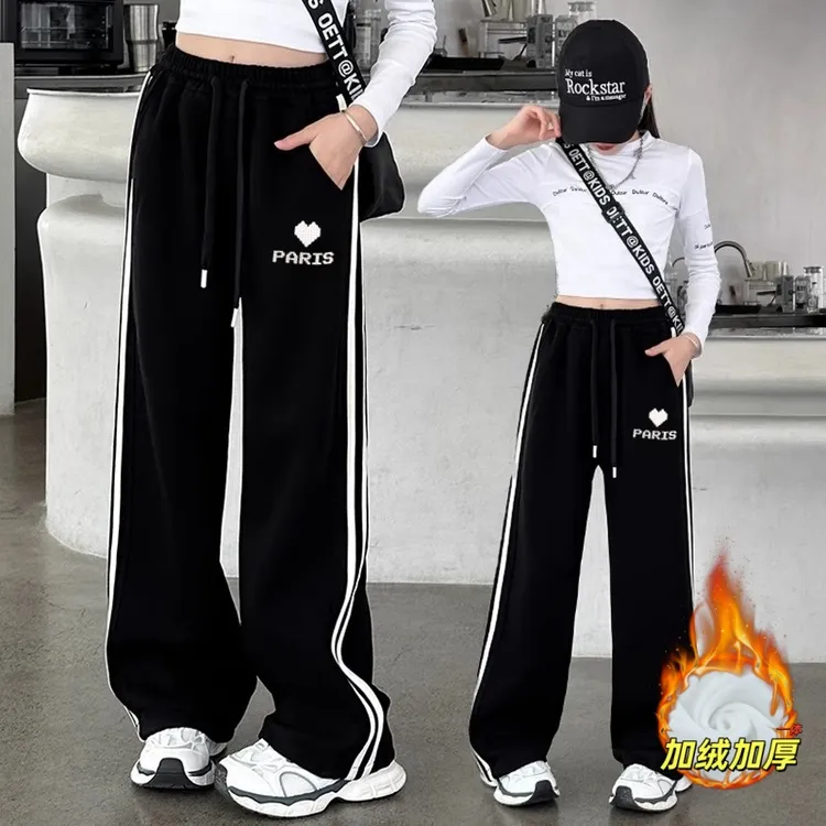 女童加绒阔腿裤秋冬款外穿洋气中大童直筒加厚休闲裤显瘦儿童裤子