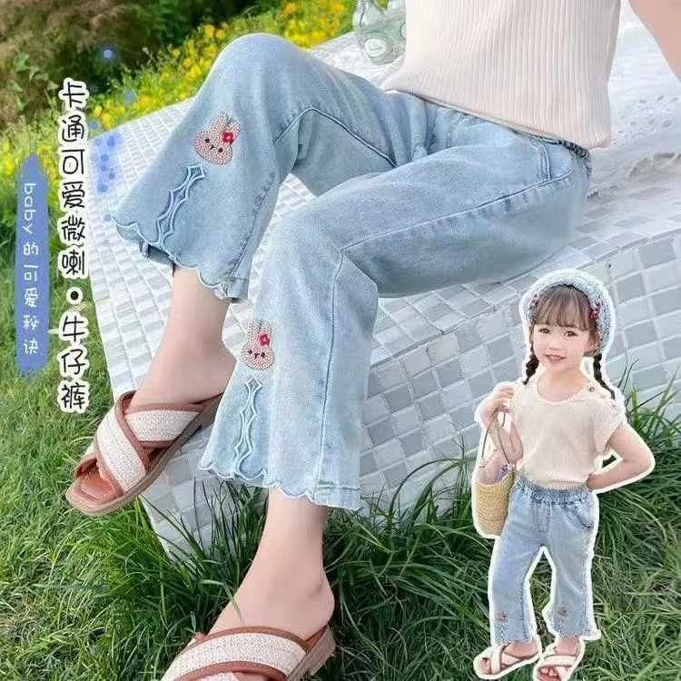 女童天丝牛仔长裤儿童2025洋气新款宝宝小童韩版牛仔女童夏装套装