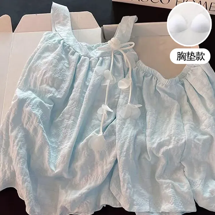 甜美ins睡衣女夏季新款蓝色带胸垫吊带短裤公主风家居服套装271