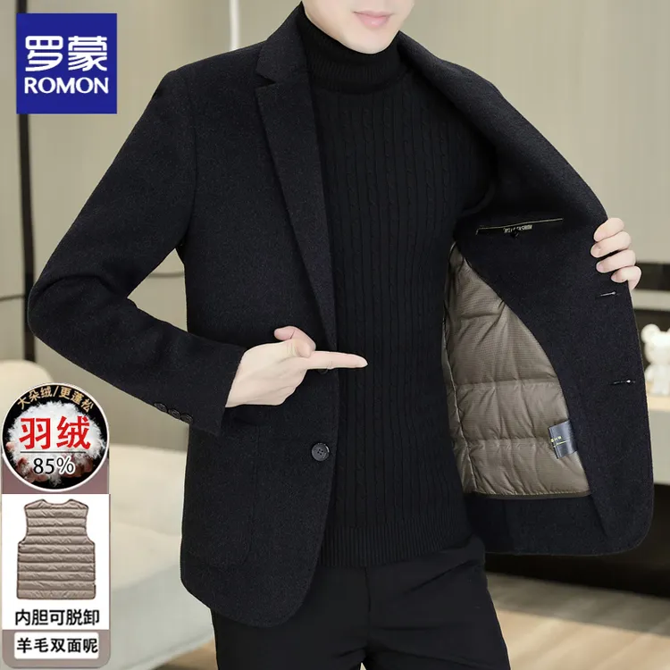 罗蒙羊绒双面呢大衣男士绵羊毛西装秋冬季可脱卸羽绒内里男装外套
