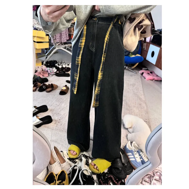 晶咕【质感至上】后口袋撞色格纹阔腿高腰牛仔裤百搭休闲
