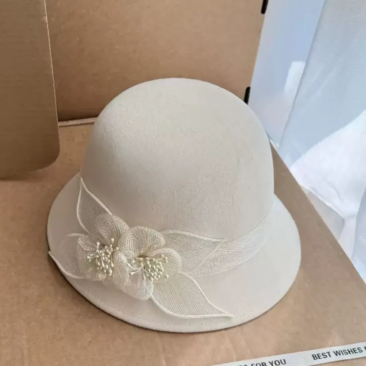 法式浪漫秋冬名媛羊毛立体麻纱花朵礼帽女法式复古气质盆帽高级感