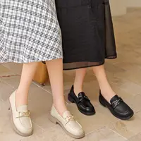 WG915-6小皮鞋女鞋春季简约学生低跟套脚圆头方跟金属扣乐福鞋女