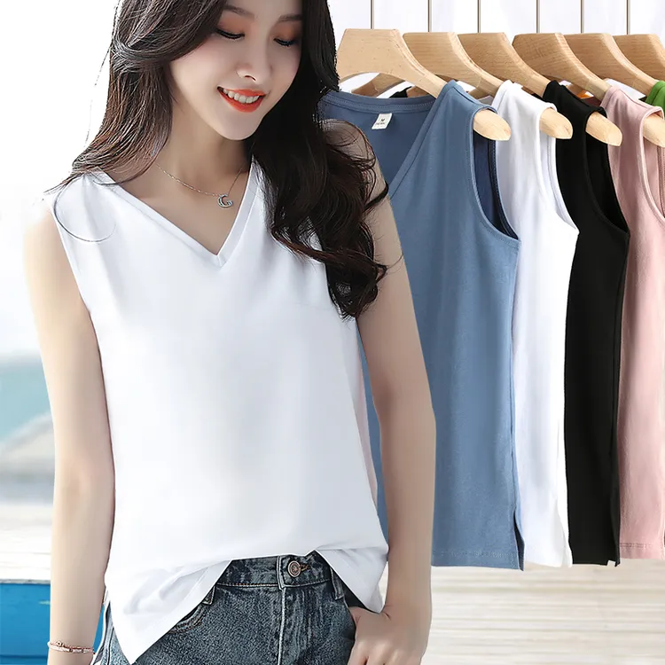 白色棉质坎肩无袖v领下摆开叉t恤吊带背心女夏外穿内搭上衣#704