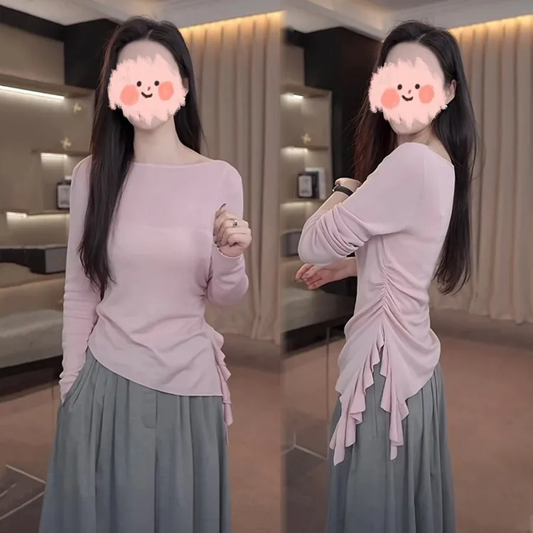 【现货】改良版一字领侧边荷叶边抽皱开叉长袖针织衫