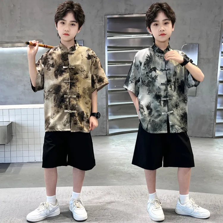 男童夏季20025新款山水画盘扣新国风套装 中大童中国风套装