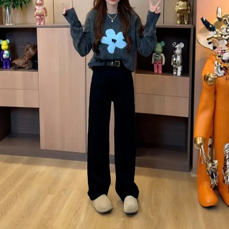 黑色弹力窄版直筒牛仔裤女2025秋季新款大码高腰宽松显瘦阔腿裤子