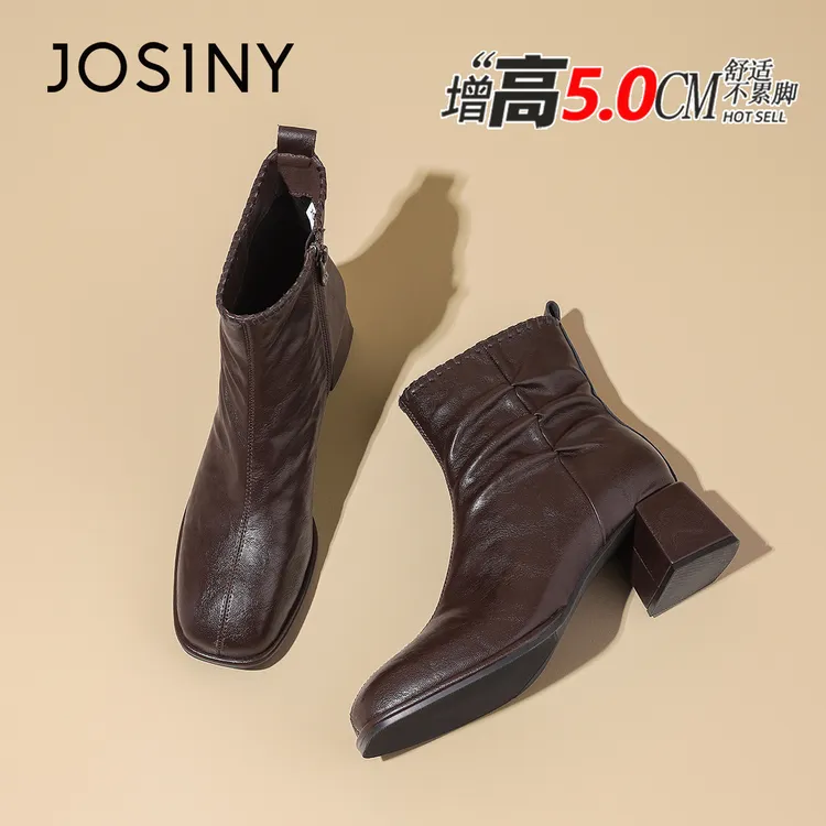 卓诗尼方头气质通勤短靴女2025冬季爆款复古加绒时装靴弹力瘦瘦靴