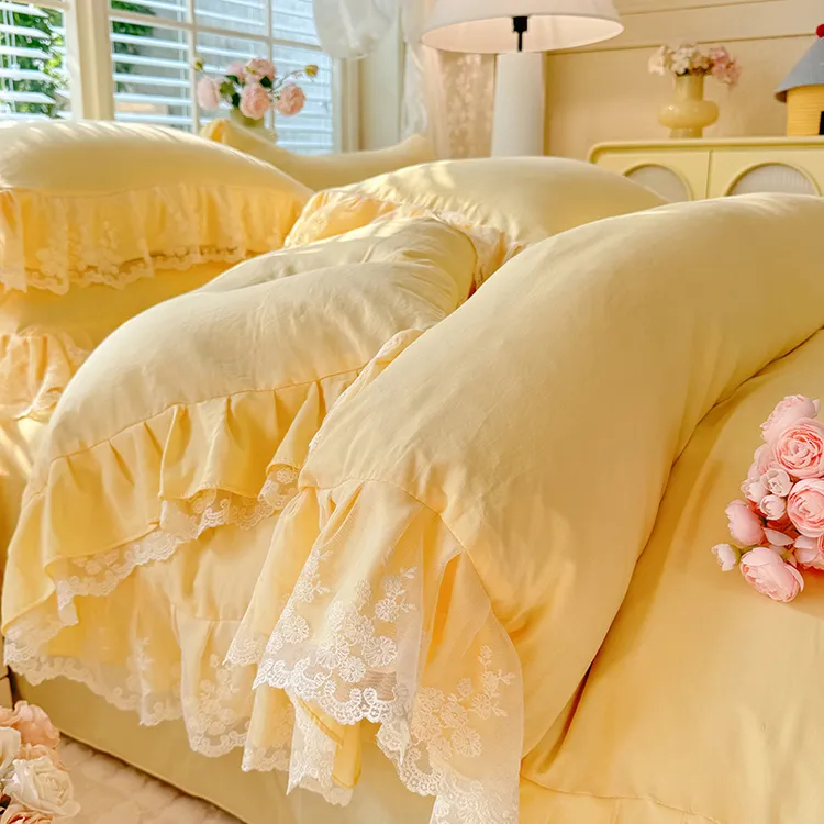 韩式公主风双层纱四件套蕾丝花边少女卧室被套床单床上用品4件套