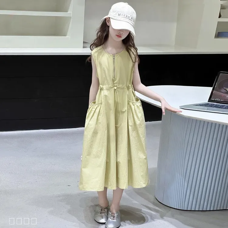 【9527】半拉链无袖连衣裙中大童背心裙抽绳收腰中长裙2-25夏新款