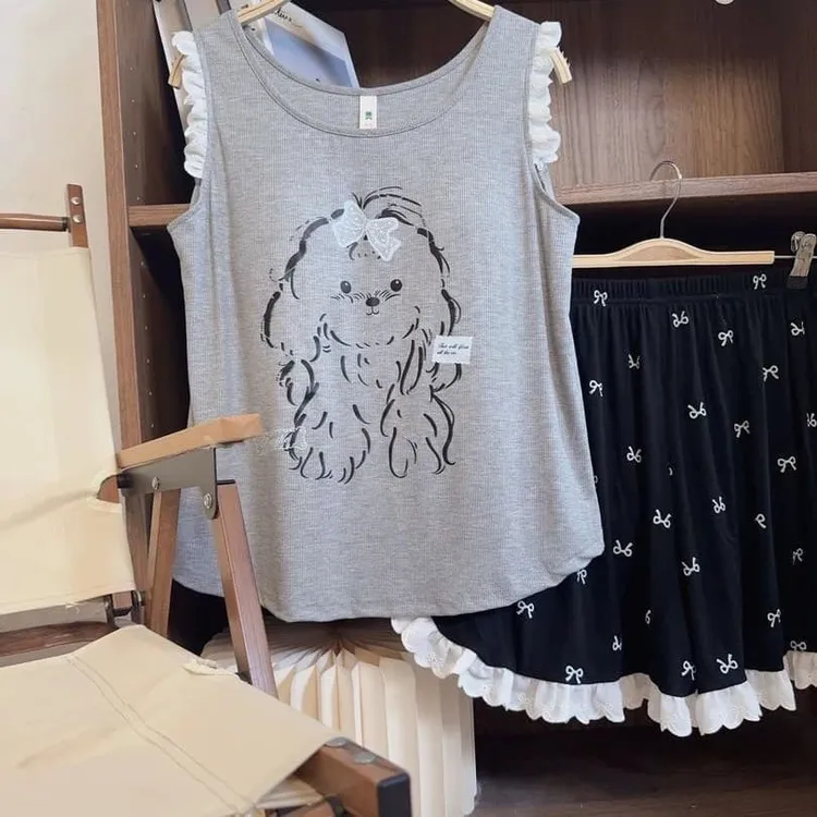 卡通卷毛小狗背心蕾丝花边睡衣女蝴蝶结短裤夏季可外穿家居服套装