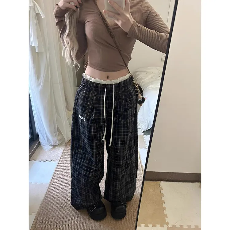 大码300斤胖MM蕾丝拼接格子阔腿裤女春夏薄宽松高腰直筒休闲长裤