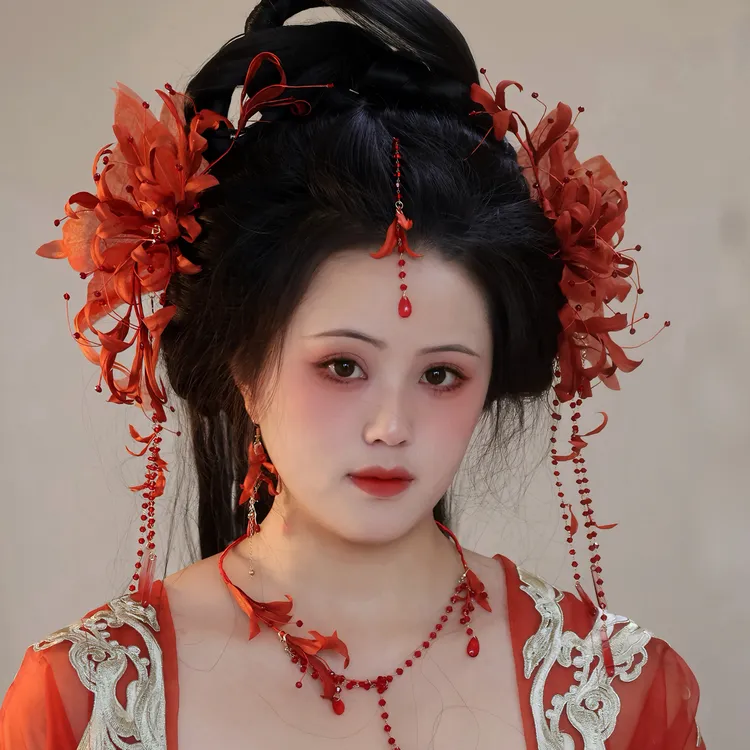原创（曼珠沙华）彼岸花发饰汉服古风发饰发夹软簪璎珞单品套装链接