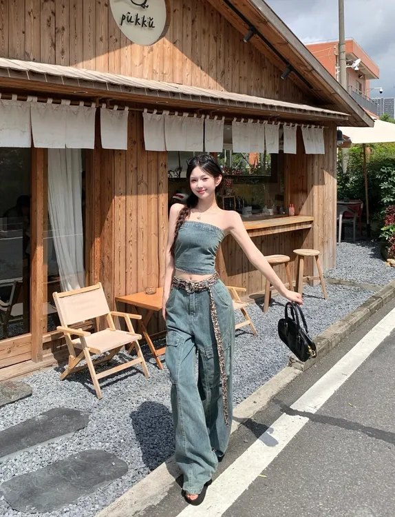 美式甜辣套装女夏季2025新款牛仔抹胸上衣阔腿气质裤子两件套
