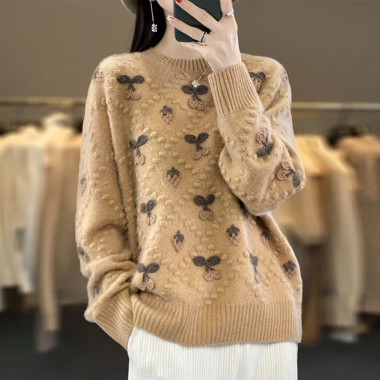 微胖mm秋冬大码女士绣花毛衣遮肚子显瘦上衣高级感内搭针织打底衫