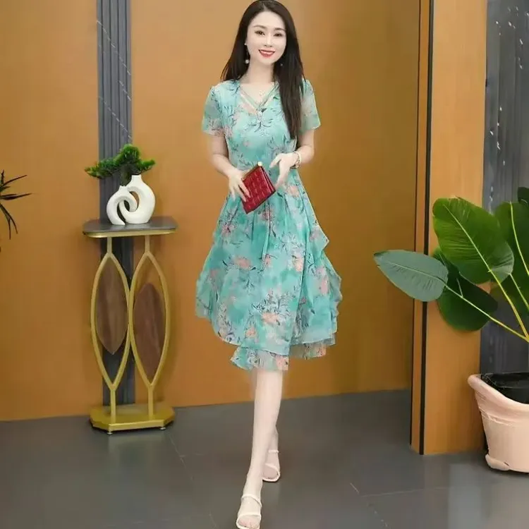 短袖中腰碎花网纱连衣裙百搭法式裙子显瘦印花减龄气质高端大摆裙