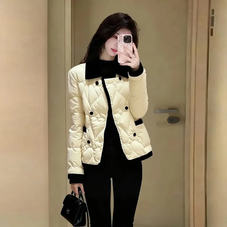 拼色设计感长袖棉服女2025冬季新款洋气轻薄潮流显瘦百搭通勤外套