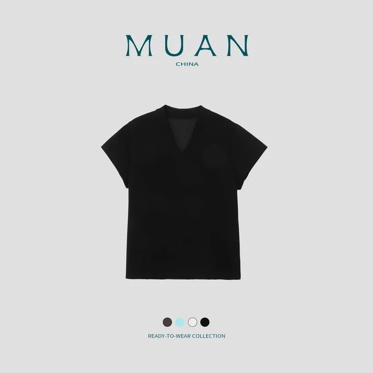木岸MUAN：《假日T》定制V领高级小飞袖T恤纯色T恤上衣打底女JD-8285