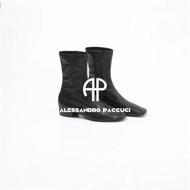 AP洛哥53117XH弹力羊皮方头粗跟时尚百搭侧拉链短靴高帮鞋