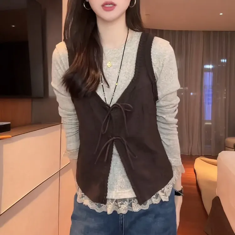 韩版时尚纯色花边打底T恤女绣花马甲2025早秋新款修身两件套女生