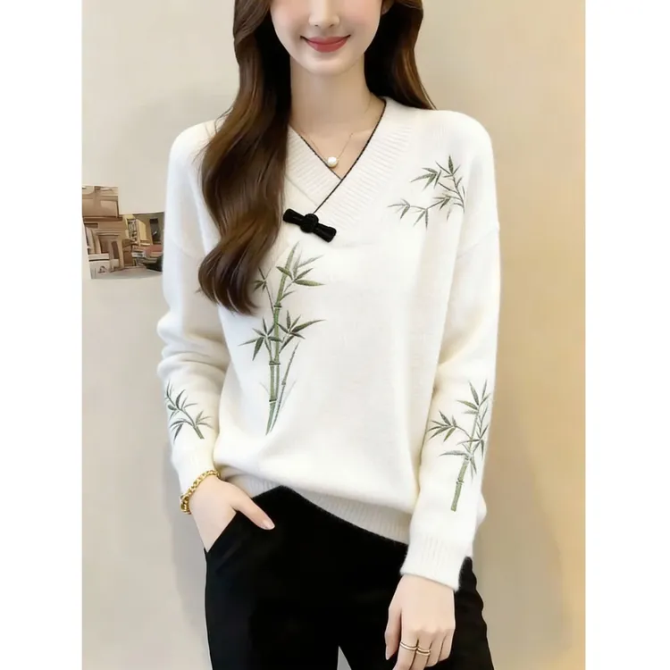 新中式国风设计感竹子刺绣毛衣女秋冬季新款高级感轻奢V领针织衫