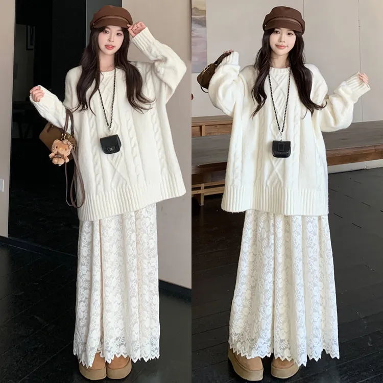 大码胖mm秋冬新款宽松长袖毛衣蕾丝半裙设计感简约百搭套装女