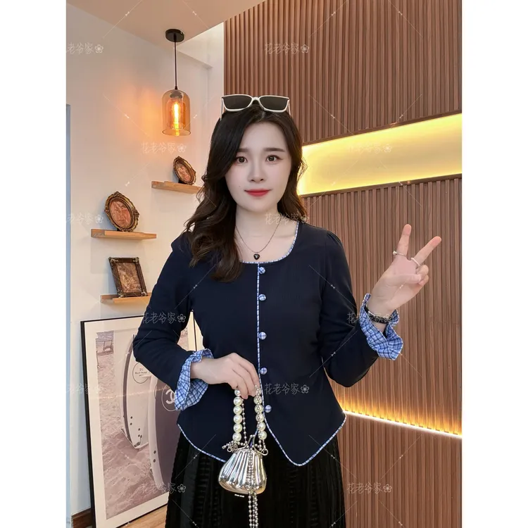 【仅上衣】花老爷微胖大码女装布扣格子拼接T恤HLY3695