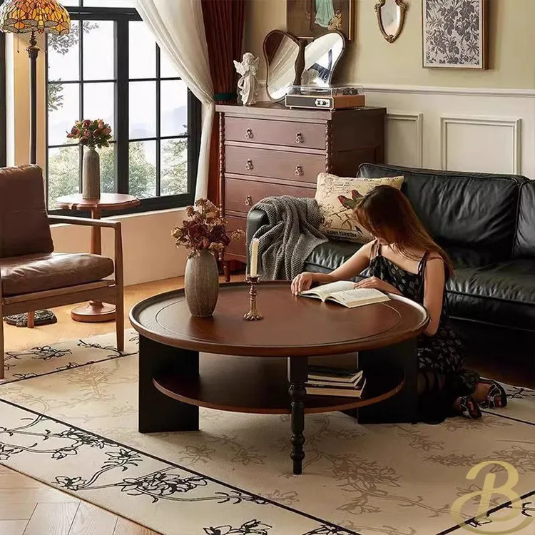 全实木茶几家用茶桌小户型小桌子中古风茶几组合客厅轻奢复古新款