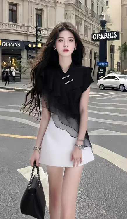 新款时尚撞色拼接别致设计感修身短袖连衣裙温柔知性风氛围感穿搭